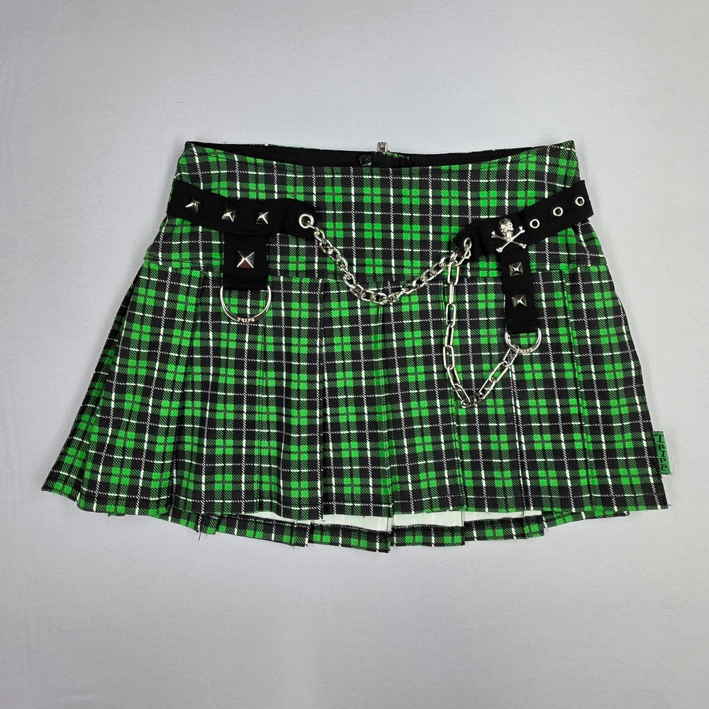 Tripp NYC Green Plaid Pleated Mini Skirt Punk Goth Skull Chain Studs Small